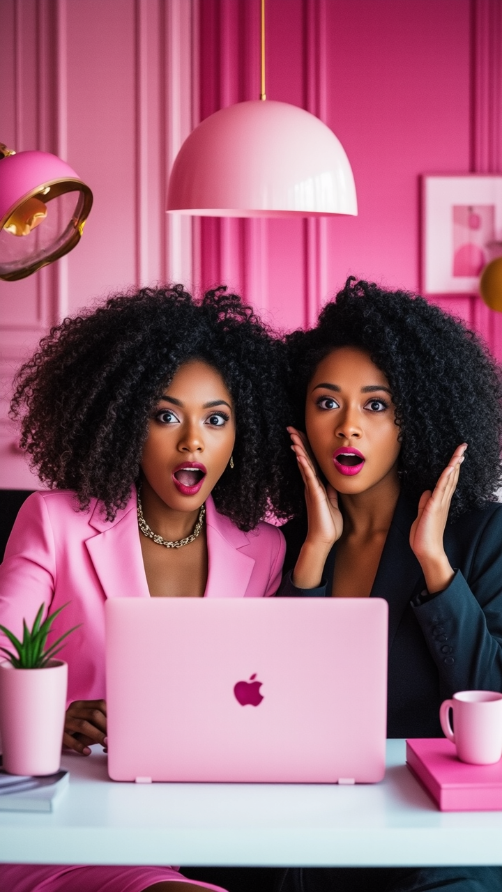 Two stylish Black women sit at a desk with vibrant pink decor, both wearing expressive, surprised looks while using a pink laptop. One woman is dressed in a pink blazer and gold necklace, while the other wears a chic black blazer. Their reactions convey excitement, fun, and amazement, embodying the feeling of discovering something incredible. The bright setting is filled with pink lighting, decor, and accessories, creating a bold, creative, and playful atmosphere.