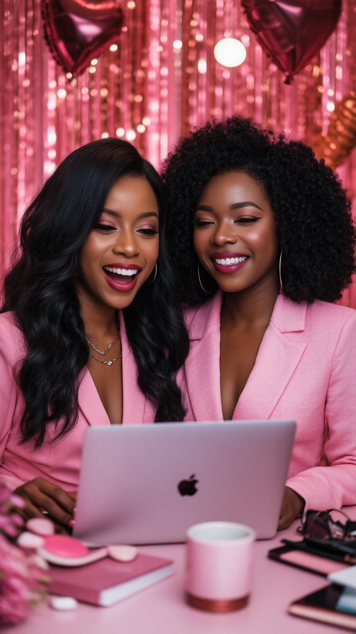 two stylish Black women in matching pink blazers smile joyfully while working on a laptop at a beautifully decorated, pink-themed workspace. The vibrant backdrop with shimmering decorations and heart-shaped balloons adds a celebratory and empowering vibe, symbolizing success, collaboration, and women supporting women in business.