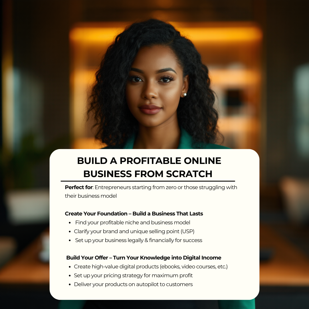 Confident female entrepreneur wearing a green blouse, standing in a modern professional office, representing leadership, business strategy, and the path to building a profitable online business.