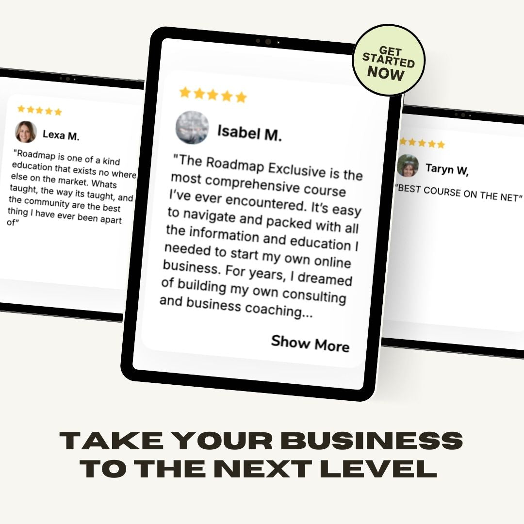Customer reviews highlighting positive experiences and success from using The Roadmap Exclusive, emphasizing its impact on growing online businesses.
