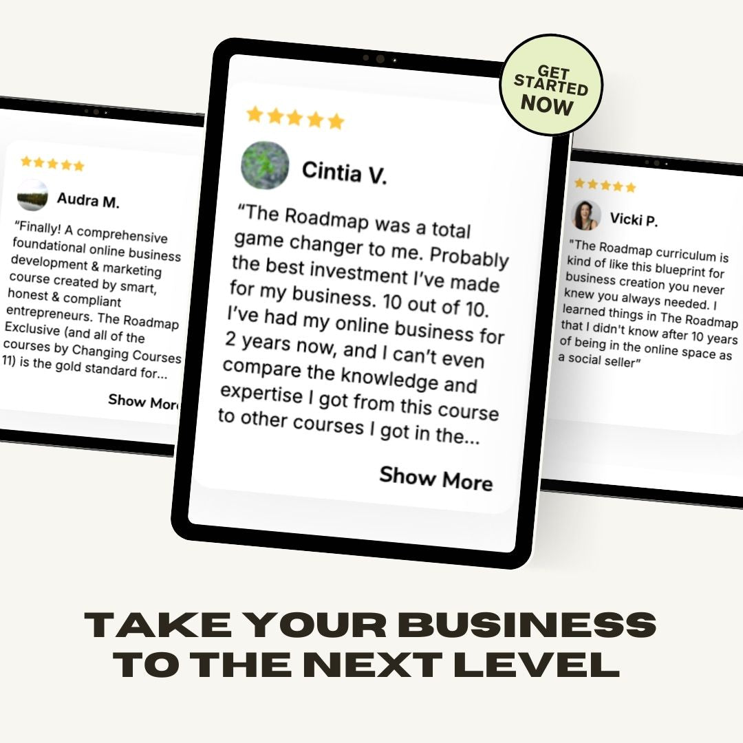 Testimonials showcasing the effectiveness of The Roadmap Exclusive course, with users praising its comprehensive guidance for business success.