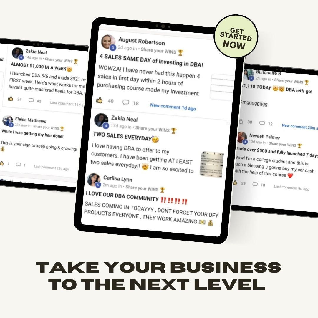 Customer testimonials and sales success stories highlighting rapid results and achievements from using DBA courses to grow online businesses