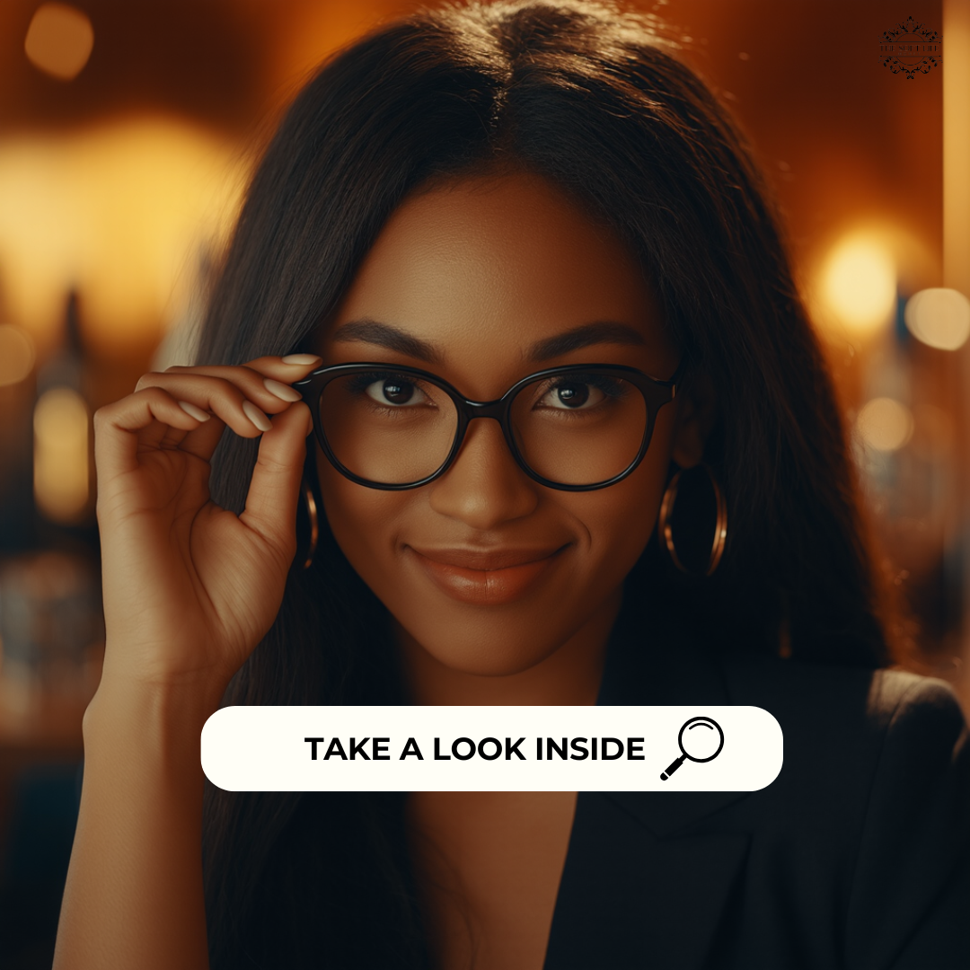 Smiling businesswoman exploring business insights, framed in a luxurious, soft-life setting