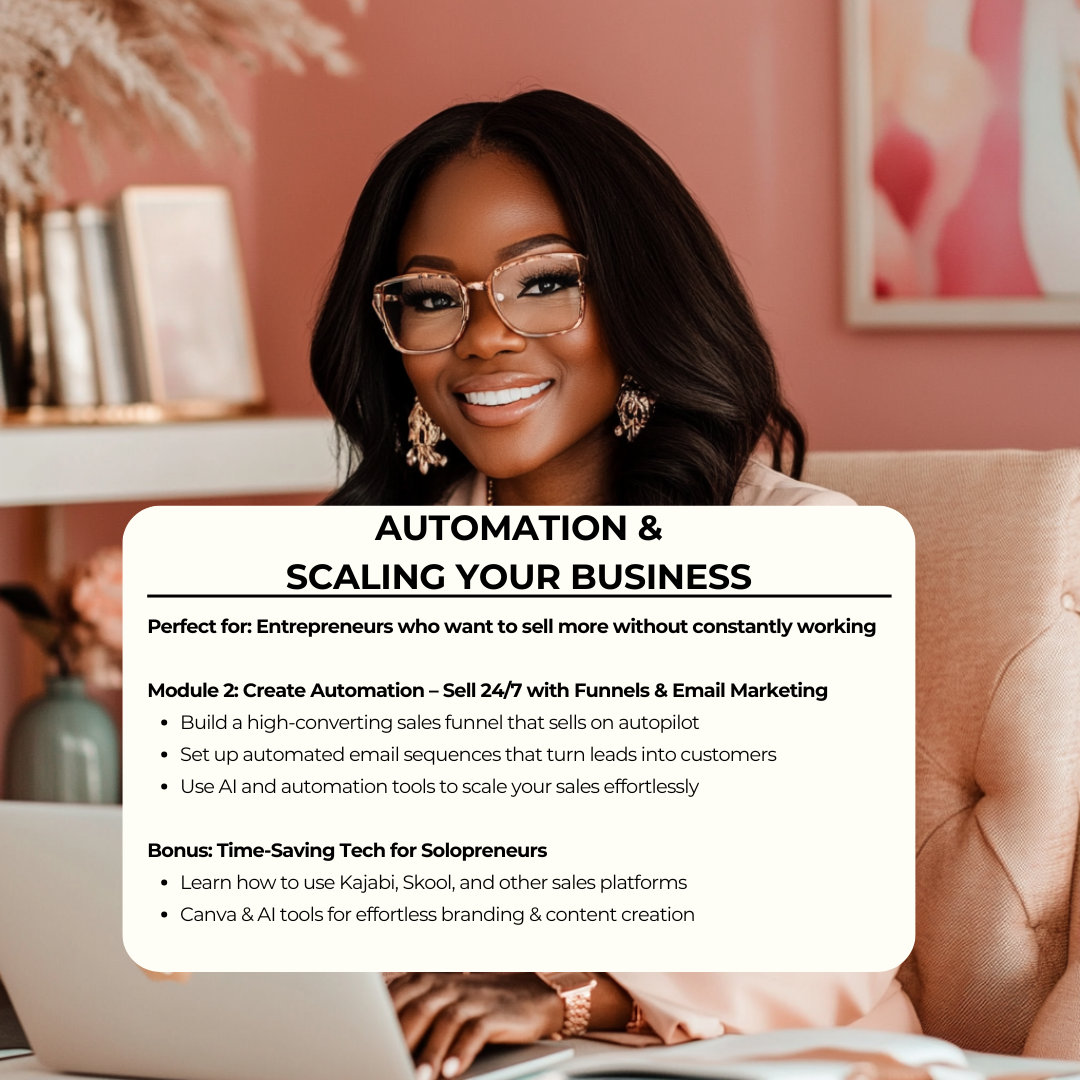 A Black woman entrepreneur working in a cozy, stylish workspace with a warm and welcoming environment. This image highlights the automation and scaling module, discussing how entrepreneurs can implement funnels, email marketing, and time-saving tech like AI tools. Clean and professional, creating a sense of possibility.