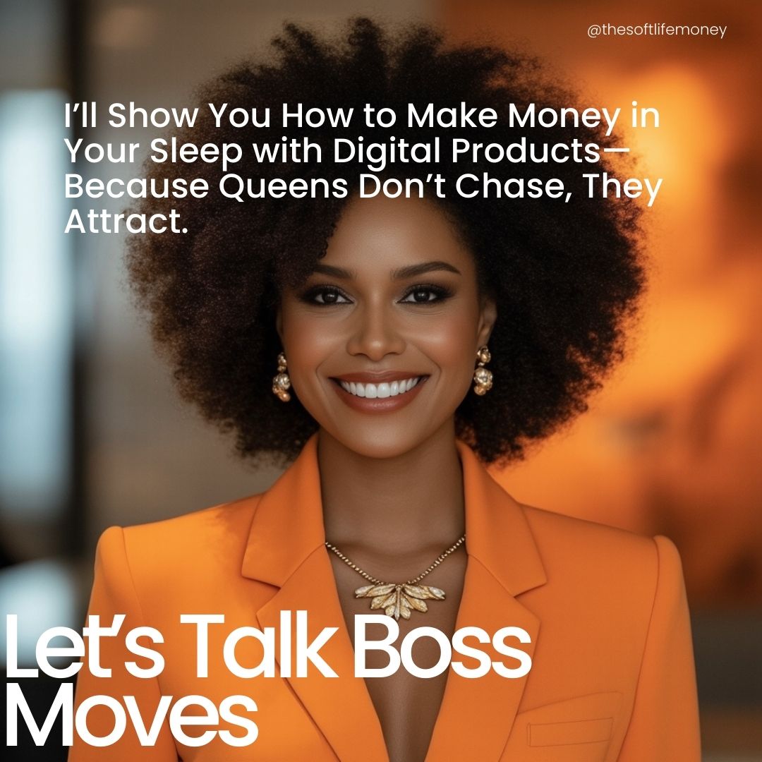 
A radiant, confident woman in a vibrant orange blazer, wearing gold jewelry, smiles warmly, representing digital empowerment. The text overlay reads: “I’ll Show You How to Make Money in Your Sleep with Digital Products—Because Queens Don’t Chase, They Attract.” The scene evokes success, wealth, and empowerment through mastering digital strategies.
