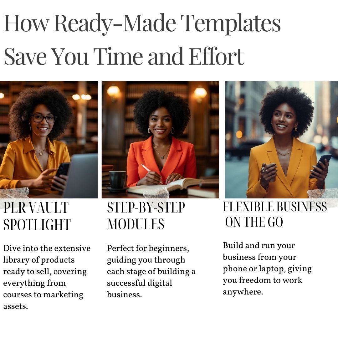 A collage showcasing three images of a confident Black woman in various professional settings, each representing key benefits of digital entrepreneurship—access to ready-made templates, step-by-step learning modules, and the flexibility to build a business on the go