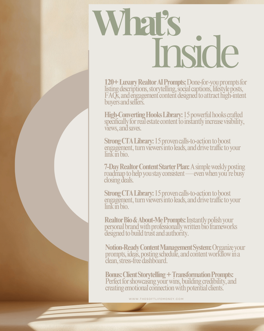 Overview of features inside the AI Prompts Pack for Realtors displayed on a clean content box design.