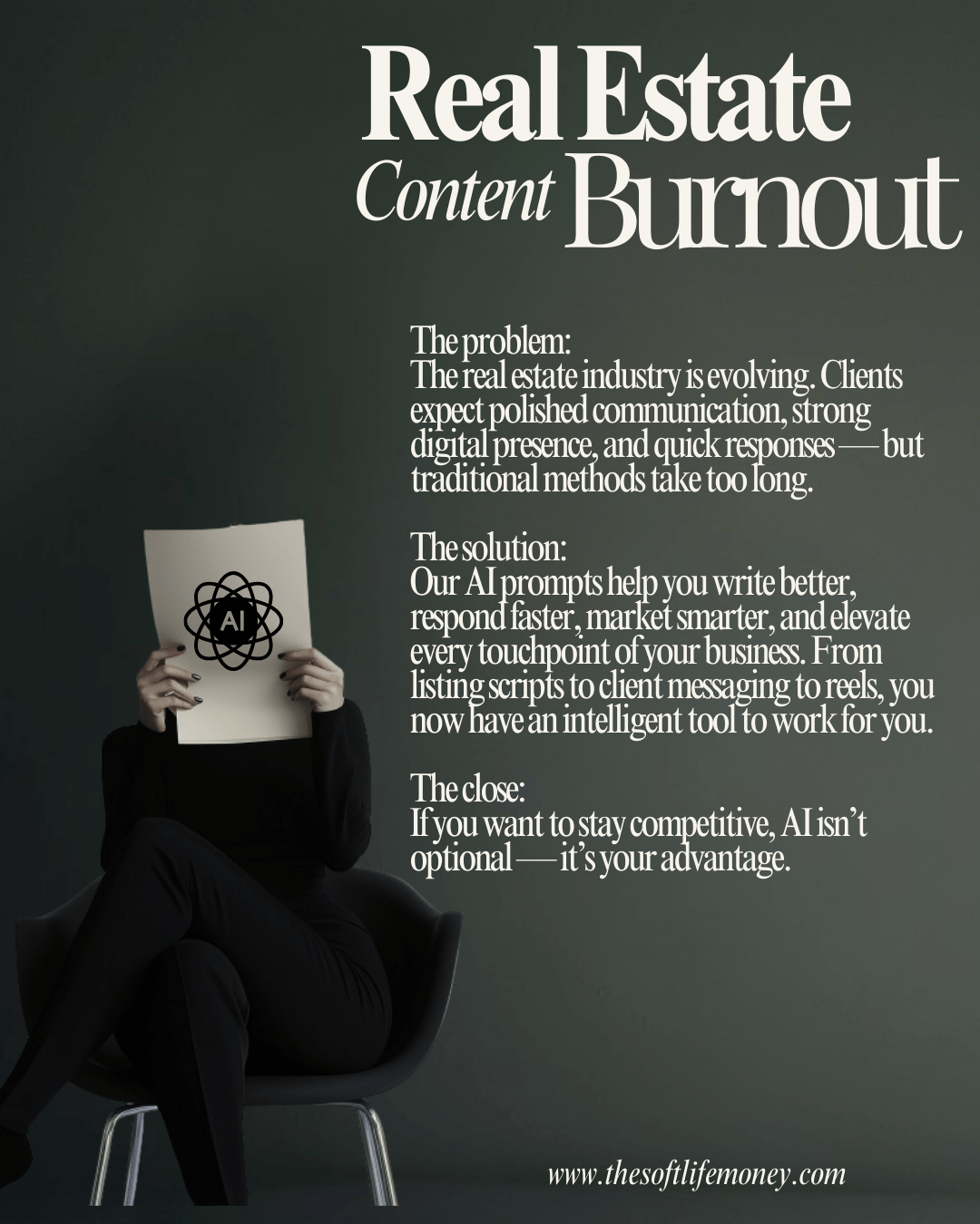 Realtor reading AI content in a minimalist studio used to highlight real estate content challenges and solutions..