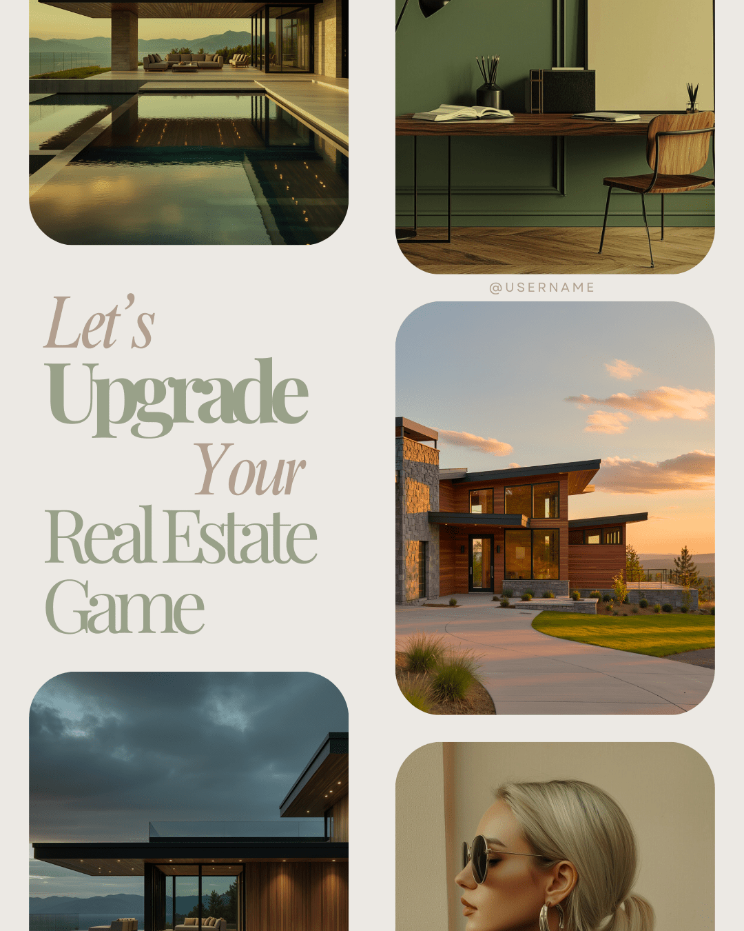 Collage of realistic modern homes promoting the AI Prompts Pack for Realtors and real estate content tools.