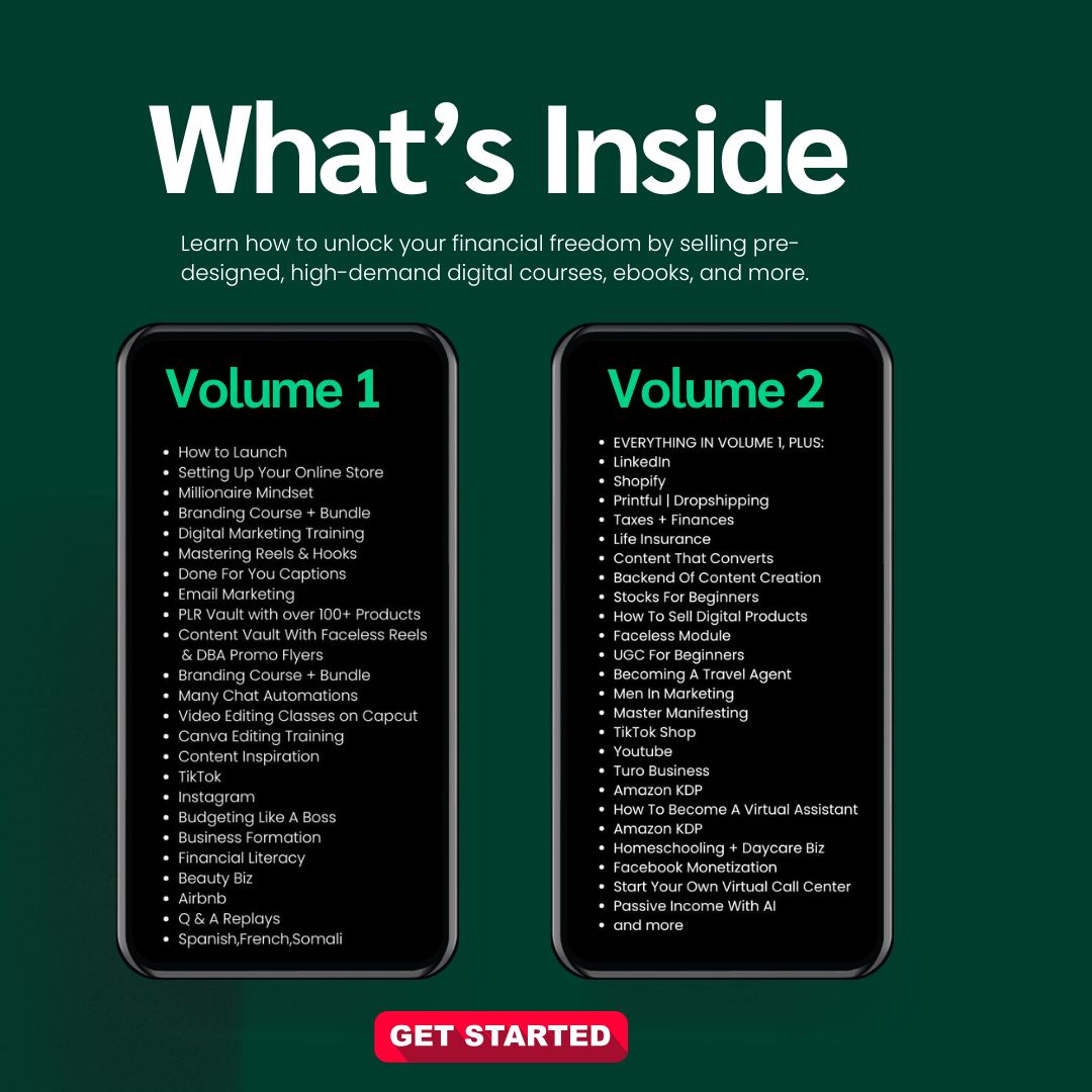 Two sleek smartphones with glowing screens display detailed course modules for Volumes 1 and 2. Volume 1 covers foundational topics like branding, launching an online store, and mastering Reels, while Volume 2 dives deeper with topics like LinkedIn, dropshipping, passive income with AI, and more. The green, elegant background reinforces growth, wealth, and learning.